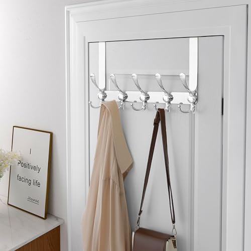 Over Door Hook 2.0 - Upgraded Version - Simple-Assembly, Strong, Heavy-Duty Stainless Steel 5-Tri-Hook Over The Door Hanger Rack, SimpleStrong Series, Chromed, Pack of 2 - color: Chromed