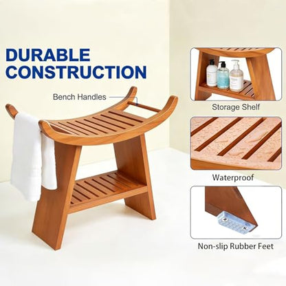 23" Teak Shower Bench Shoe Storage Bench Teak Shower Stool Curved Seat,Wooden Stool for Bathroom,Teak Wood Shower Seat Chair with Shower Storage Shelf,Hold Up to 500 LBS