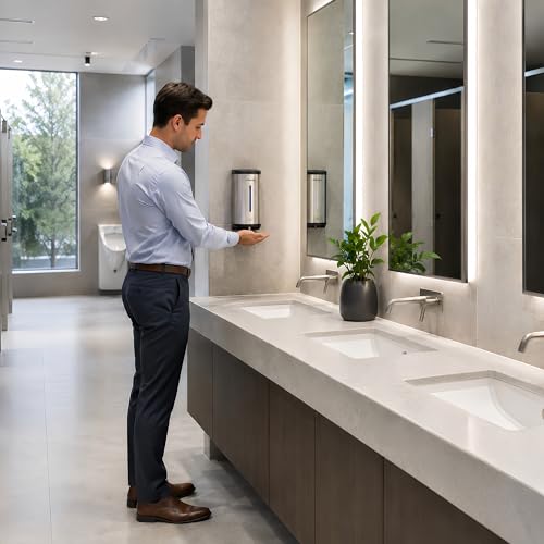 Automatic Wall-Mount Soap Dispenser, 800 mL Stainless Steel | Touchless 800 mL wall dispenser with viewing window, keyed lock and low-liquid indicator; requires 6 AA batteries. - color: 2000 Silver