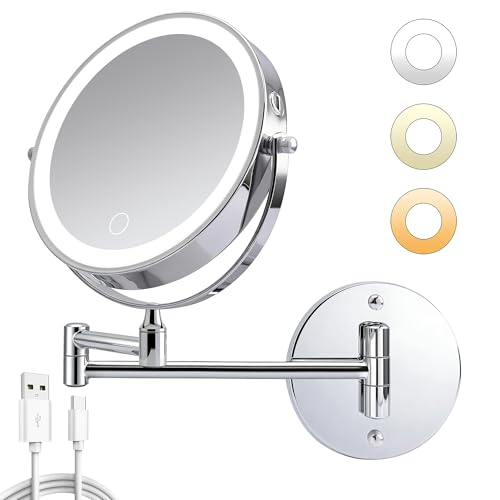 Rechargeable Wall Mounted Makeup Mirror, 8" Magnifying Mirror with Lights, Double-Sided 1X/10X, 360° Rotation, Extendable Arm, 3-Color Dimmable LED, Chrome