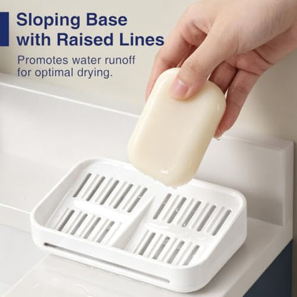 Self-Draining Soap Dish, 2-Compartment Bar Soap Holder | Soap Saver with Magnetic Detachable Tray, Shampoo and Conditioner Bar Holder, ABS Plastic Soap Holder for Shower, White