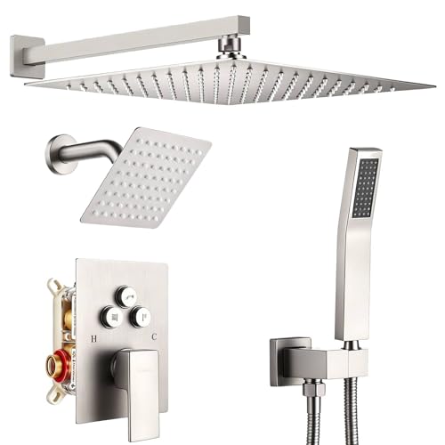 Dual Rainfall Shower Head System Brushed Nickel, 3-Function Push Button Shower Faucet Set with 12" Wall Mount Rain shower head and 6" Wall Mount Shower Head, Pressure Balance Rough-in Valve - color: Brushed Nickel, style: Wall Mount