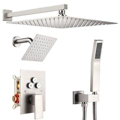 Dual Rainfall Shower Head System Brushed Nickel, 3-Function Push Button Shower Faucet Set with 12" Wall Mount Rain shower head and 6" Wall Mount Shower Head, Pressure Balance Rough-in Valve - color: Brushed Nickel, style: Wall Mount