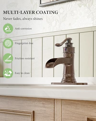 Bathroom Faucet Copper Waterfall Bathroom Sink Faucets Taps | with Single Handle Rustic Vanity Farmhouse RV Faucet Suitable for 1 or 3 Holes with Pop-up Drain Deck Plate Hose Homevacious - color: Copper