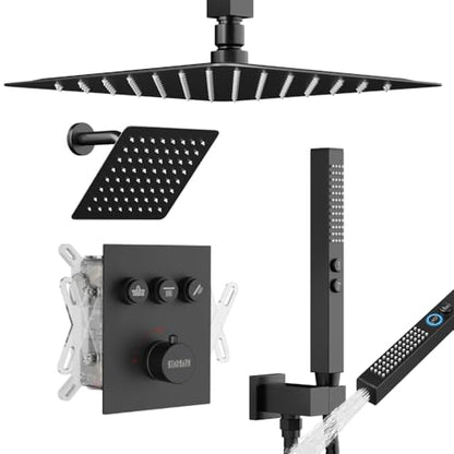 Thermostatic Shower System Matte Black Push Button Shower Faucet Set,12" Ceiling Rainfall and 6" Wall Mount Rain Shower with 2 in 1 Handhled, Can Use All at Once, Shower Set with Valve and Trim Kit - color: Matte Black, size: 6+12 inch-11