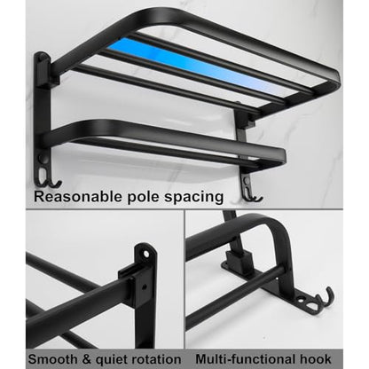 TocTen Towel Rack for Bathroom, Foldable Towel Holder with Double Towel Bars, Wall Mounted Premium Aluminum Bathroom Tower Shelf, Space-Saving Towel Hanger for Bathroom, Lavatory (Black,24 in) - color: Black