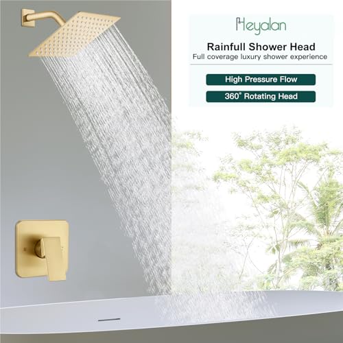 Heyalan 8 Inch Square Rain Shower Faucet Set with Valve, Brushed Gold | Female-thread 1/2-inch NPT connections, SUS304 shower head, brass rough-in valve, single-handle control Shower Set - color: Gold, size: 8 Inch Square Shower Head