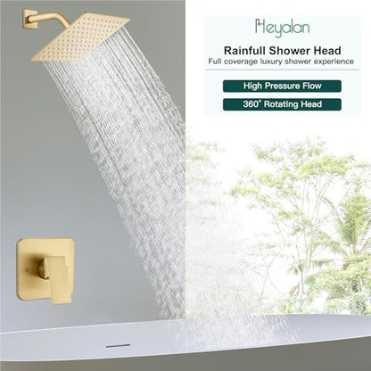 Heyalan 8 Inch Square Rain Shower Faucet Set with Valve, Brushed Gold | Female-thread 1/2-inch NPT connections, SUS304 shower head, brass rough-in valve, single-handle control Shower Set - color: Gold, size: 8 Inch Square Shower Head