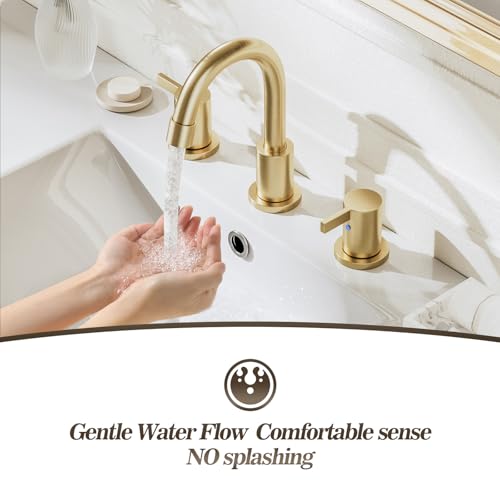 Brushed Gold 3 Hole 8 Inch Widespread Bathroom Sink Faucet, Bathroom Faucet Set with Metal Pop UP Drain and Valve, WF15-1-BG - color: Brushed Gold