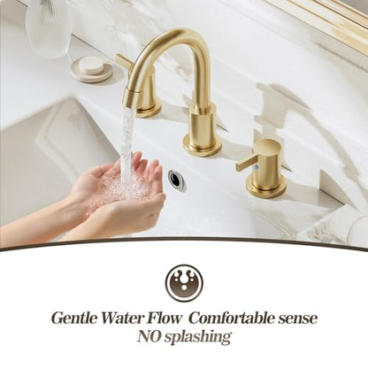 Brushed Gold 3 Hole 8 Inch Widespread Bathroom Sink Faucet, Bathroom Faucet Set with Metal Pop UP Drain and Valve, WF15-1-BG - color: Brushed Gold
