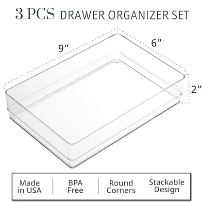 STORi SimpleSort 3-Piece Stackable Clear Drawer Organizer Set | 9" x 6" x 2" Rectangle Trays | Wide Makeup Vanity Storage Bins and Office Desk Drawer Dividers | Made in USA - size: 9x6x2"