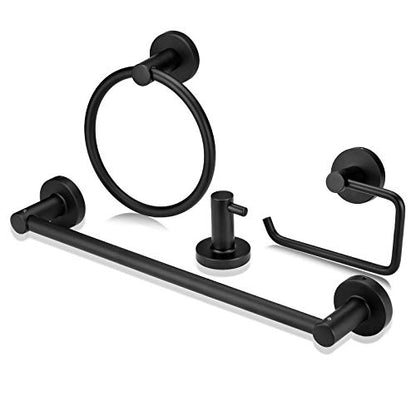 4 Piece Bathroom Accessories Set (Single Towel Bar, Towel Ring, Toilet Paper Holder, Double Towel Hooks), Wall Mounted Bath Hardware Accessory Fixtures Set - color: Matte Black Holder- 4