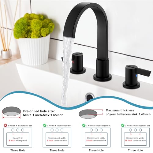 Midanya 8 Inch Widespread Bathroom Sink Faucet 3 Hole,Matte Black | Waterfall Swivel Spout,2 Handle,SUS304,with Pop Up Drain,cUPC 24" Water Hose,for 6-16” hole distance vanity,RV,Farmhouse Sink - color: Black