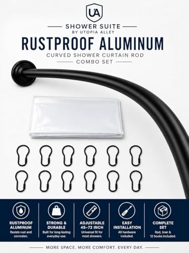Shower Suite by Utopia Alley – Rustproof Aluminum Curved Shower Curtain Rod Combo Set with Liner & 12 Hooks, Adjustable 45–72 Inch Wall Mount Rod, Matte Black Finish - color: Black