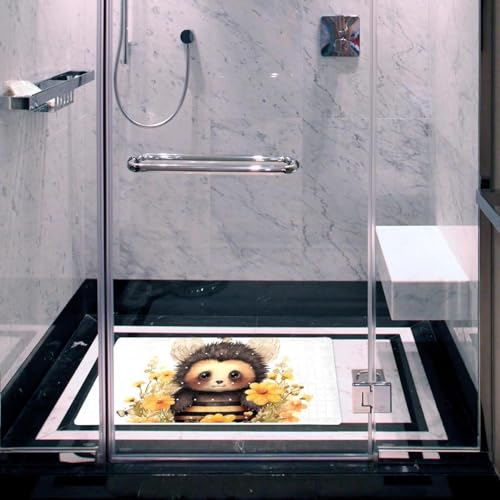 Shower Mat Non-Slip Bathtub Mats with Suction Cups and Drain Holes, Cute Bee Florals Design, Easy to Clean for Bathroom, 26.8x15.1In - color: Multi 3
