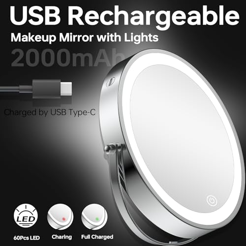 1X/20X Wall Mount Makeup Mirror with Lights and Magnification, Chrome | 8" Double Sided Wall Mounted Magnifying Mirror with 360° Swivel Extension Arm, Dimmable, Rechargeable, Touch Control, Silver - color: Chrome