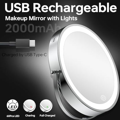 1X/20X Wall Mount Makeup Mirror with Lights and Magnification, Chrome | 8" Double Sided Wall Mounted Magnifying Mirror with 360° Swivel Extension Arm, Dimmable, Rechargeable, Touch Control, Silver - color: Chrome
