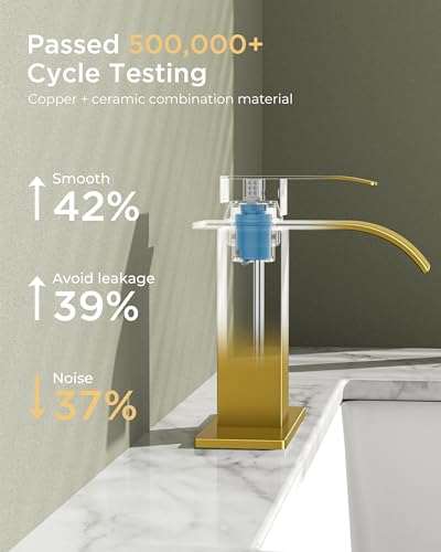 FORIOUS Bathroom Faucet 1 Hole, Waterfall Vanity Sink Faucet Brushed Gold | Bathroom Sink Faucet 1 or 3 Hole, Square Single Handle with 24" cUPC Supply Line and Pop-up Drain, Fits RV Restroom Basin - color: Brushed Gold