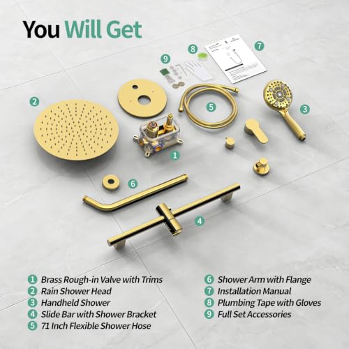 SR SUN RISE 12" Shower Faucet Set with Shower Slide Bar,Brushed Gold | High Pressure Shower Head,6-Spray Setting,16"Adjustable Shower Slide Bar,Soild Brass,Wall Mount,Included Valve and Trim Kit - color: Brushed Gold