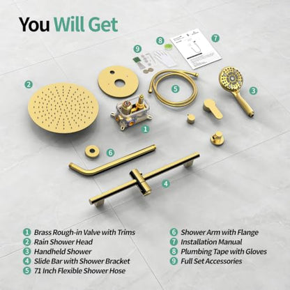 SR SUN RISE 12" Shower Faucet Set with Shower Slide Bar,Brushed Gold | High Pressure Shower Head,6-Spray Setting,16"Adjustable Shower Slide Bar,Soild Brass,Wall Mount,Included Valve and Trim Kit - color: Brushed Gold