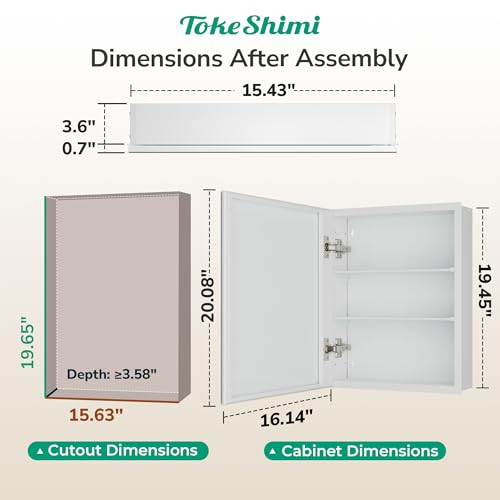 16 x 20 Mirrored Medicine Cabinet, Tempered Beveled Mirror, White Medicine Cabinet with Mirror, Assembly Required, Stepless Adjustable Shelves, Recessed/Wall Mount
