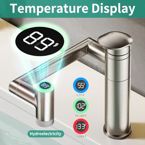Bathroom Faucet 1 Hole with Temperature Display, Brushed Nickel | Batteries-Free, 1080° Rotatable Single Hole Bathroom Faucet, Single Handle Bathroom Vanity Faucets, 2 Spray Modes - color: Brushed Nickel