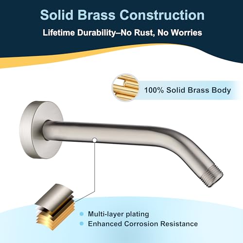 BRIGHT SHOWERS Shower Arm with Flange 10 Inches Solid Brass Shower Head Extension Arm, Wall Mounted Shower Pipe Arm for Rainfall Shower Head and Handheld Showerhead, Brushed Nickel - color: Brushed Nickel, style: Basic 10 Inch