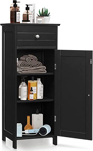 HAPPYGRILL Bathroom Floor Cabinet, Single Door Floor Storage Cabinet Organizer with Drawer and 3-Level Adjustable Shelves, Bathroom Cabinets Freestanding with Anti-Tipping Device for Living Room - color: Black
