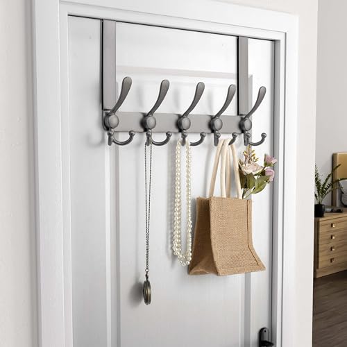 Over Door Hook 2.0 - Upgraded Version - Simple-Assembly, Strong, Heavy-Duty Stainless Steel 5-Tri-Hook Over The Door Hanger Rack, SimpleStrong Series, Grey, Pack of 2 - color: Gray