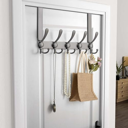 Over Door Hook 2.0 - Upgraded Version - Simple-Assembly, Strong, Heavy-Duty Stainless Steel 5-Tri-Hook Over The Door Hanger Rack, SimpleStrong Series, Grey, Pack of 2 - color: Gray