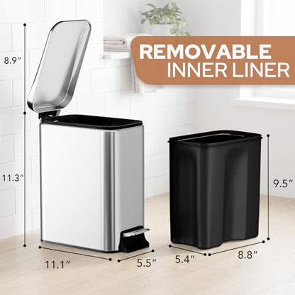 Small Bathroom Trash Can w/Lid Soft Close, 6 Liter/1.6 Gallon Stainless Steel Garbage Can w/Inner Bucket, Trash Bin Waste Basket for Kitchen, Bedroom, Living Room, Office, Toilet, Silver - color: Silver