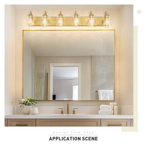 zeyu Brushed Gold 44-Inch 6-Light Vanity Lights for Bathroom, ZSL72B-6W BG | Brushed Gold Bathroom Lighting, Hardware Included, Up/Down Mount, Clear Glass, Hardwired, 6 E26 Bulbs Up To 60W Each - color: Gold, size: 6-Light