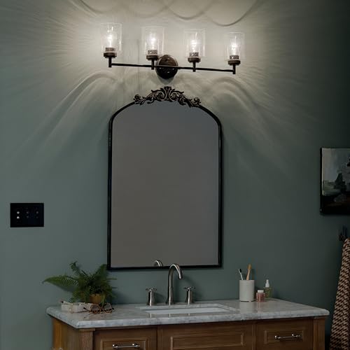 Kichler Winslow 4-Light Farmhouse Vanity Light, Black | Clear seeded glass vanity light with industrial styling (30" x 9.25" x 6.5"), 45887BK - color: Black, size: 30"