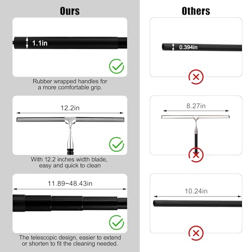 Toncoke 2 in 1 Window Squeegee, Shower Squeegee Window Cleaning Kit with Extension Pole Long Handle Squeegee for Shower Glass Floor Bathroom Home Outdoor, 12 inch Wide, Black