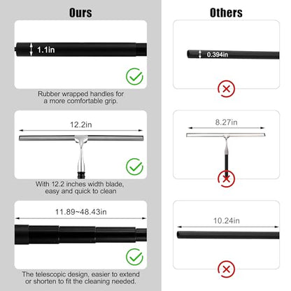 Toncoke 2 in 1 Window Squeegee, Shower Squeegee Window Cleaning Kit with Extension Pole Long Handle Squeegee for Shower Glass Floor Bathroom Home Outdoor, 12 inch Wide, Black