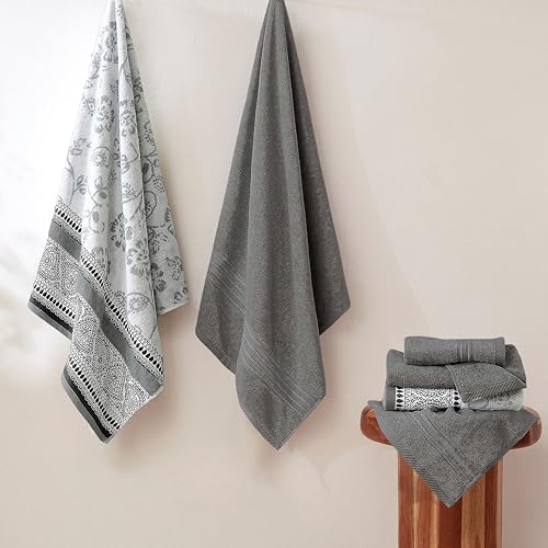 Modern Threads 6 Piece Bath Towel Set – Bathroom Set with 2 Bath Towels, 2 Hand Towels, and 2 Wash Cloths – 100% Cotton, Super Absorbent & Extra Soft – Reversible Floral Trail (Gray) - color: Gray