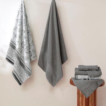 Modern Threads 6 Piece Bath Towel Set – Bathroom Set with 2 Bath Towels, 2 Hand Towels, and 2 Wash Cloths – 100% Cotton, Super Absorbent & Extra Soft – Reversible Floral Trail (Gray) - color: Gray