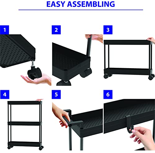 Simple Houseware 3-Tier Slim Rolling Cart w/Handle 5.5" Wx27.5 H, Black | Storage Cart for Narrow Space (5.5-Inch Wide) Kitchen, Bathroom, Laundry Room - color: Black
