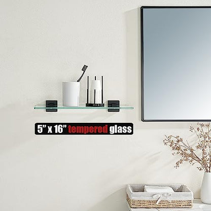 JQK Bathroom Glass Shelf Black, Tempered Glass Shower Storage 16 by 5 inches, 304 Stainless Steel Matte Black Wall Mount 2 Pack, TGS201L16-PB-P2 - color: Matte Black, size: 16 Inch(2 Pack)