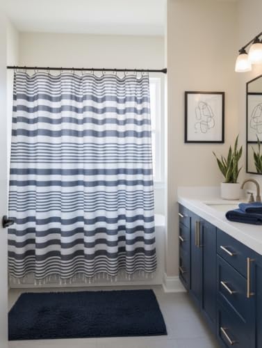 Blue and White Striped Cotton Fabric Shower Curtain with Fringe for Bathtub or Shower, Machine Washable Bath Curtain, 72 x 72 Inch, Margot Denim - color: Margot Denim