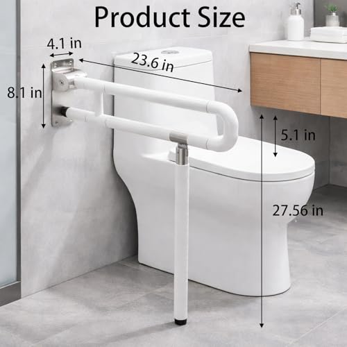 23.6" Flip-Up Toilet Grab Bar with Support Leg, Stainless Steel Bathroom Safety Rail for Elderly & Disabled, Folding Handicap Grab Bar Wall Mounted Assist Handle for Toilet, Shower & Bathtub