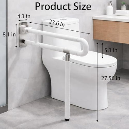 23.6" Flip-Up Toilet Grab Bar with Support Leg, Stainless Steel Bathroom Safety Rail for Elderly & Disabled, Folding Handicap Grab Bar Wall Mounted Assist Handle for Toilet, Shower & Bathtub