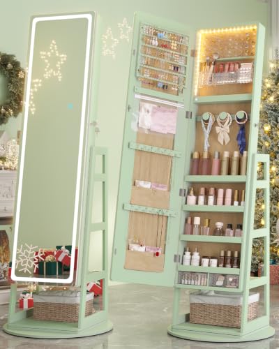 Standing Jewelry Cabinet Mirror with Adjustable LED Light Green | 63" Lockable Jewelry Armoire Organizer with 4 Rear Shelves & Hooks, 360° Swivel, for Bedroom, Living Room, Women Girls Gift - color: Green