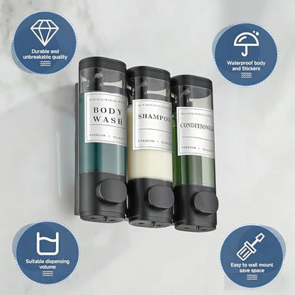 Shower Soap Dispenser Wall Mounted No Drill Shampoo Dispenser for Shower Wall Shampoo and Conditioner Dispenser Bathroom Hotel 3 * 300ml Black with Labels - color: Black 3