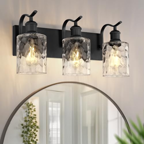 Bathroom Vanity Light Fixtures Over Mirror 3-Light Hammered Glass Wall Mounted Modern Black - VL01BKH-3 - color: Black & Hammered Glass, size: 3 LIGHT