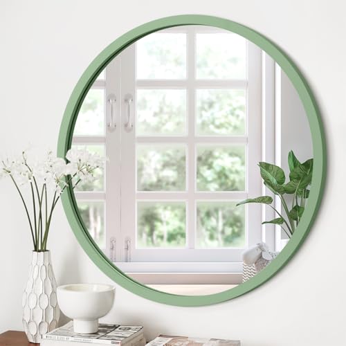 JJUUYOU Large Circle Wall Mirror 24 Inch Round Mirror for Bathroom Green Circular Mirrors Washroom Wall Decor Wood Frame Mirrors for Living Room Bedroom Dorm Decorative - color: Green, size: 24"L x 24"W