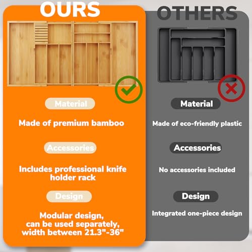 BAMEOS Expandable Silverware Drawer Organizer with Removable Knife Blocks, Bamboo Kitchen Utensil Holder from 21" to 36", Large Cutlery Tray with Divider for Forks, Spoons, Knives - size: 2''H 17x36