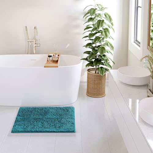 Hearth & Harbor Bathroom Rugs, Chenille Bath Mat - Machine Washable Bath Mats for Bathroom Non-Slip Backing Rubber, Quick Dry Bathroom Mat - color: Teal, style: 17 x 24