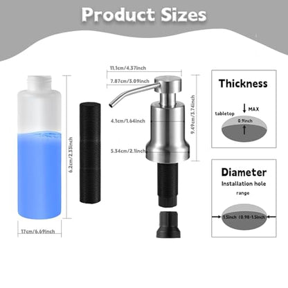 HAIOLORPRO Foaming Soap Dispenser for Kitchen Sink, Kitchen Bathroom Soap Dispenser Pump, Stainless Steel Foam Soap Dispenser with Two Spiral Tubes and 21oz Under Counter Plastic Bottle