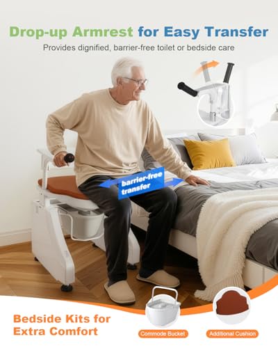 Electric Toilet Seat Lift, 3-in-1 Commode Chair Riser with Backrest, Removable Bucket & Foldable Armrest for Easy Transfer | 440 LBS Heavy-Duty, Mobility Aids for Seniors & Disabled